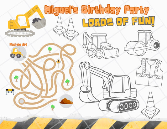 Digital file Construction Coloring Placemat, Digital Download, Coloring Page, Personalized coloring page