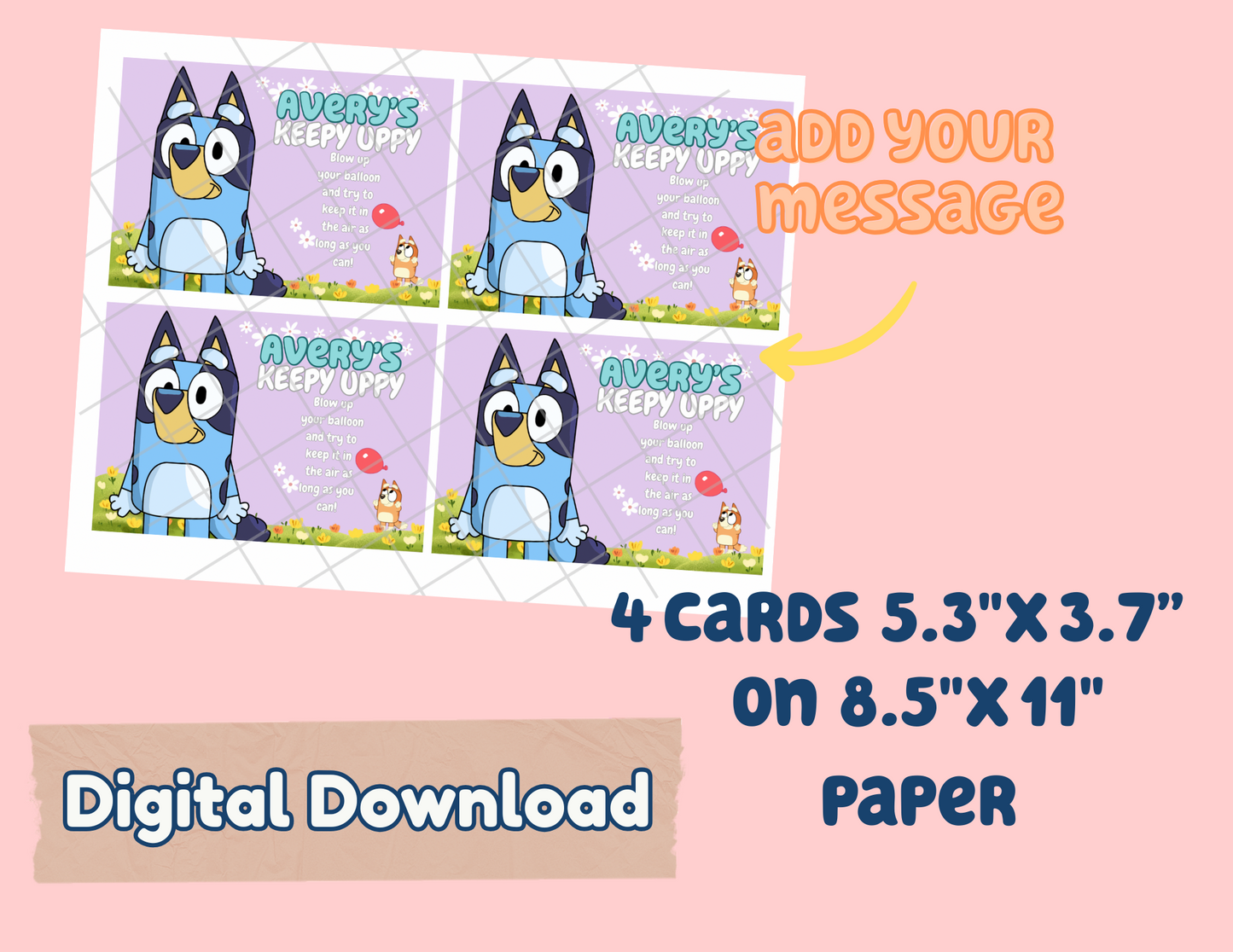 Digital File Keepy Uppy Party favors Digital Download, Bluey Personalized cards