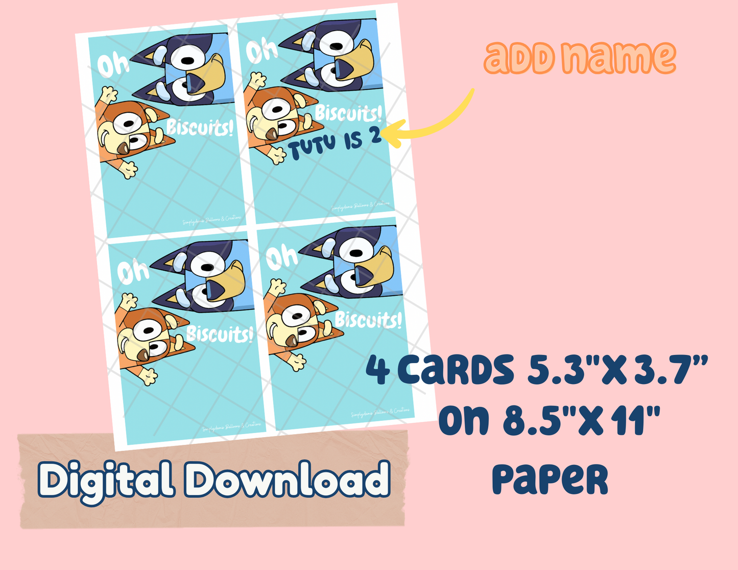 Digital File Oh biscuits Party favors Digital Download, Bluey Personalized cards