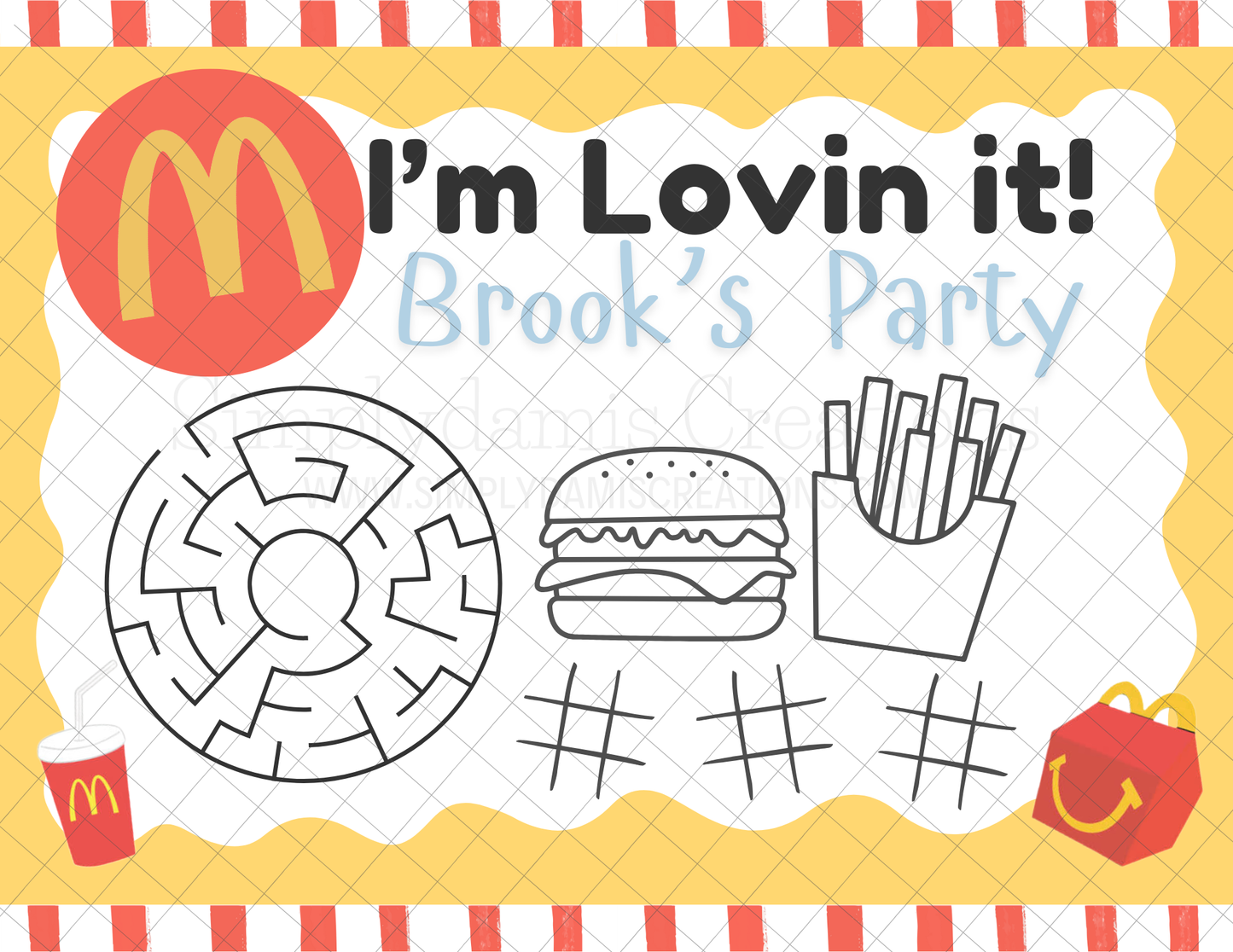Digital file Personalized Fast food Birthday Coloring Placemat Digital Download, Coloring Page