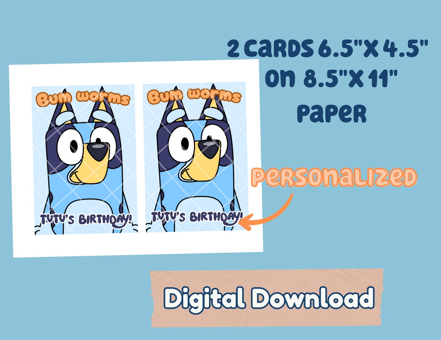 Digital File Bum Worms Party favors Digital Download, Bluey Personalized cards