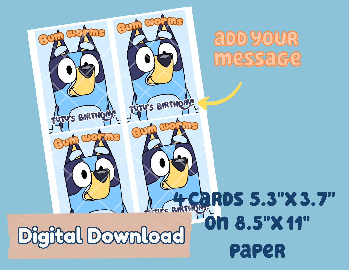 Digital File Bum Worms Party favors Digital Download, Bluey Personalized cards