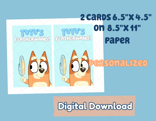 Digital File Feather wand Party favors Digital Download, Bluey Personalized cards