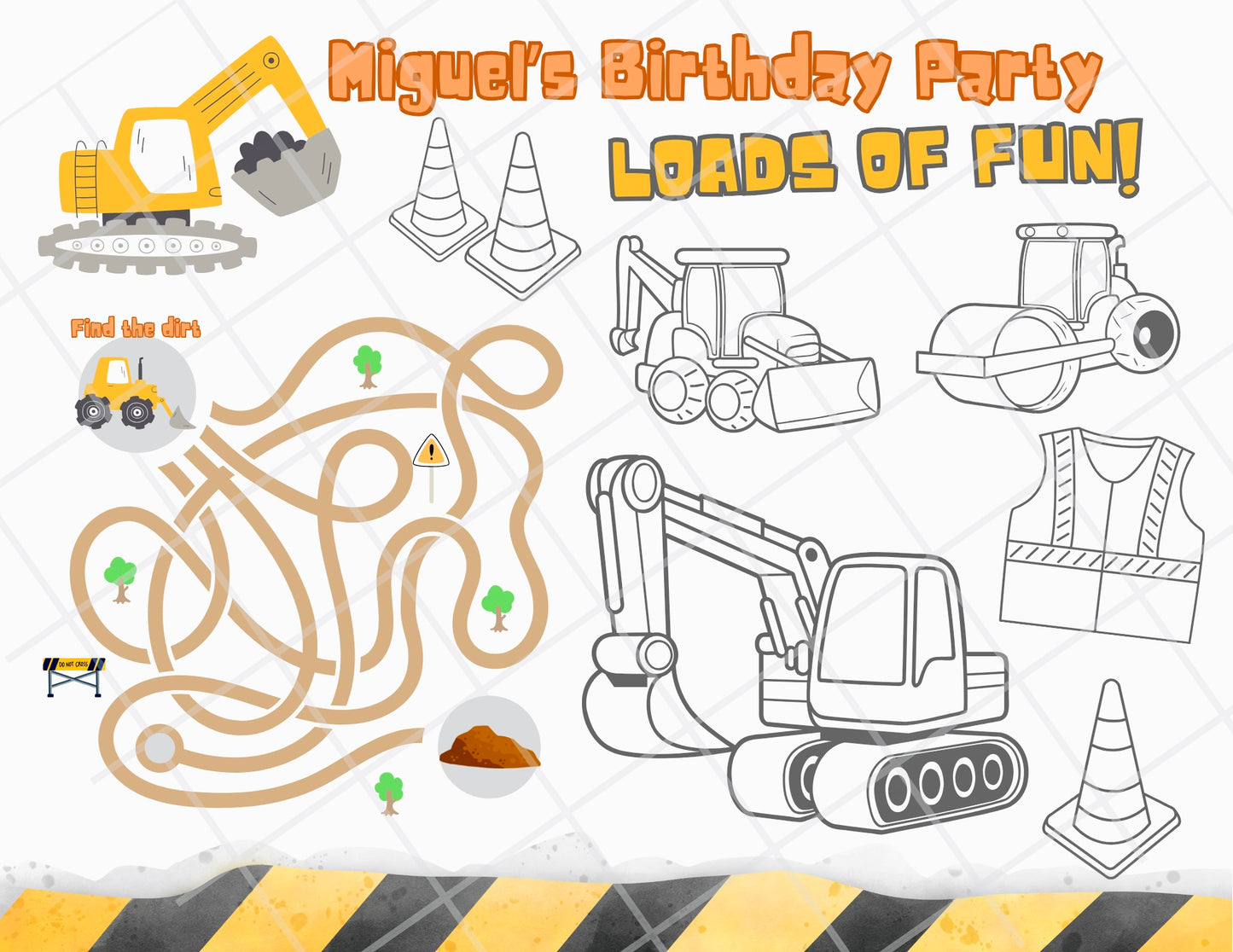 Digital file Construction Coloring Placemat, Digital Download, Coloring Page, Personalized coloring page