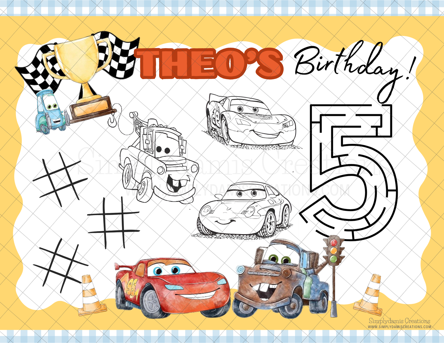 Digital file Cars Birthday Coloring Placemat Digital Download, Coloring Page