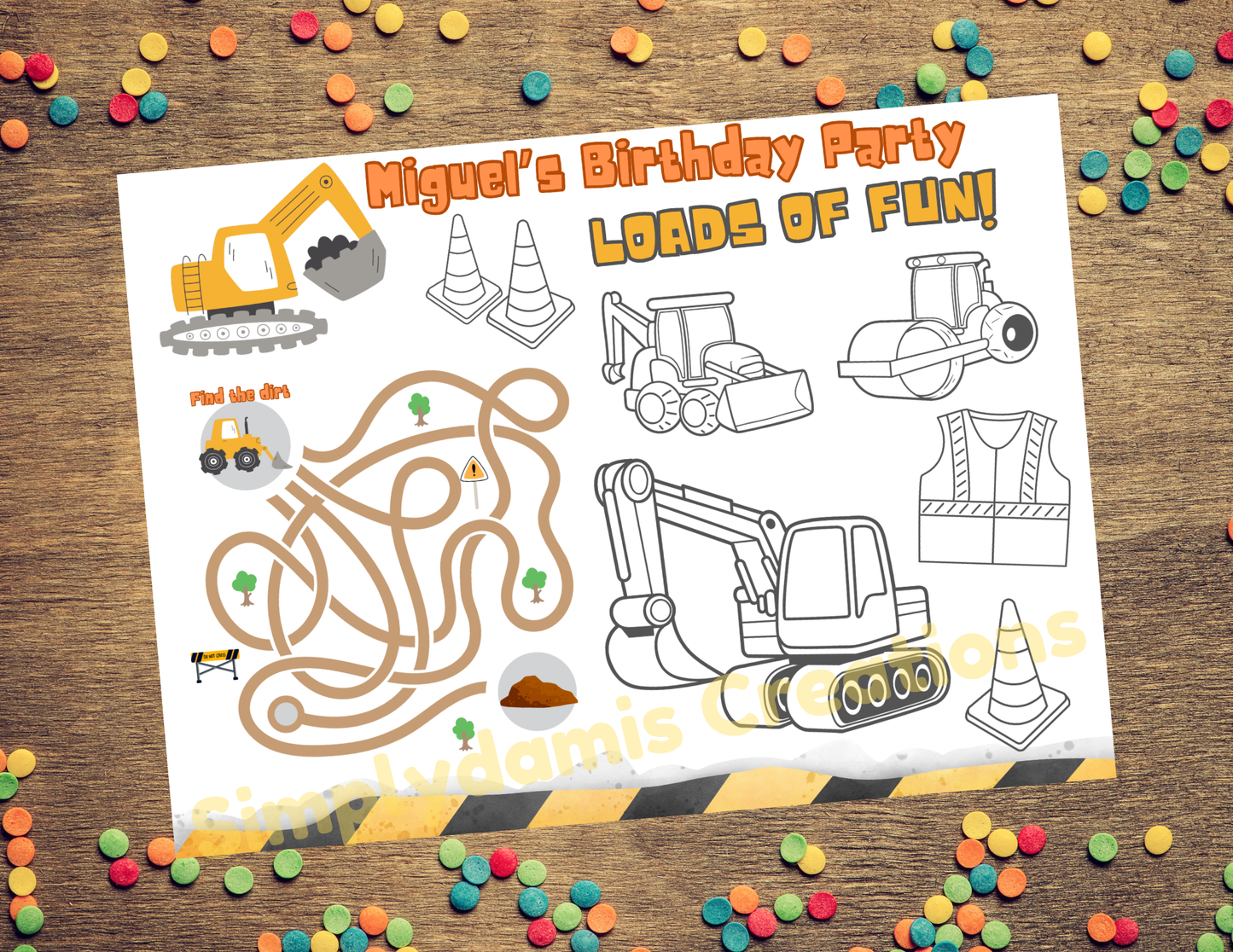 Digital file Construction Coloring Placemat, Digital Download, Coloring Page, Personalized coloring page