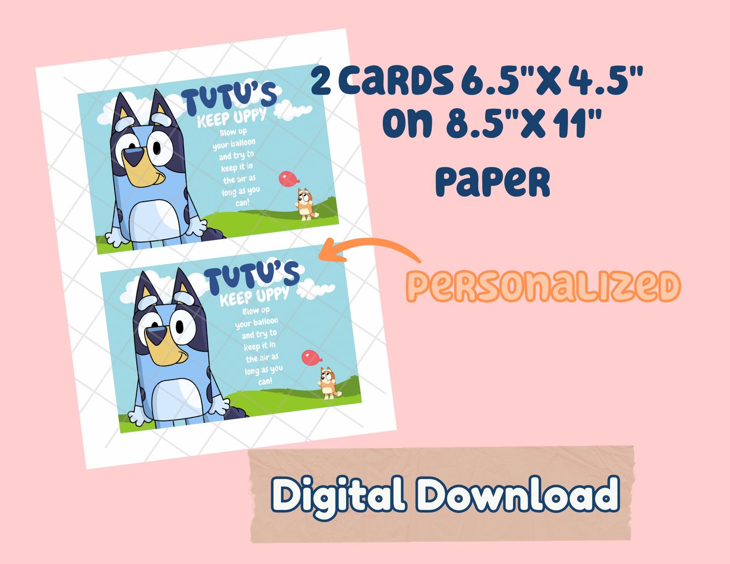 Digital File Keepy Uppy Party favors Digital Download, Bluey Personalized cards