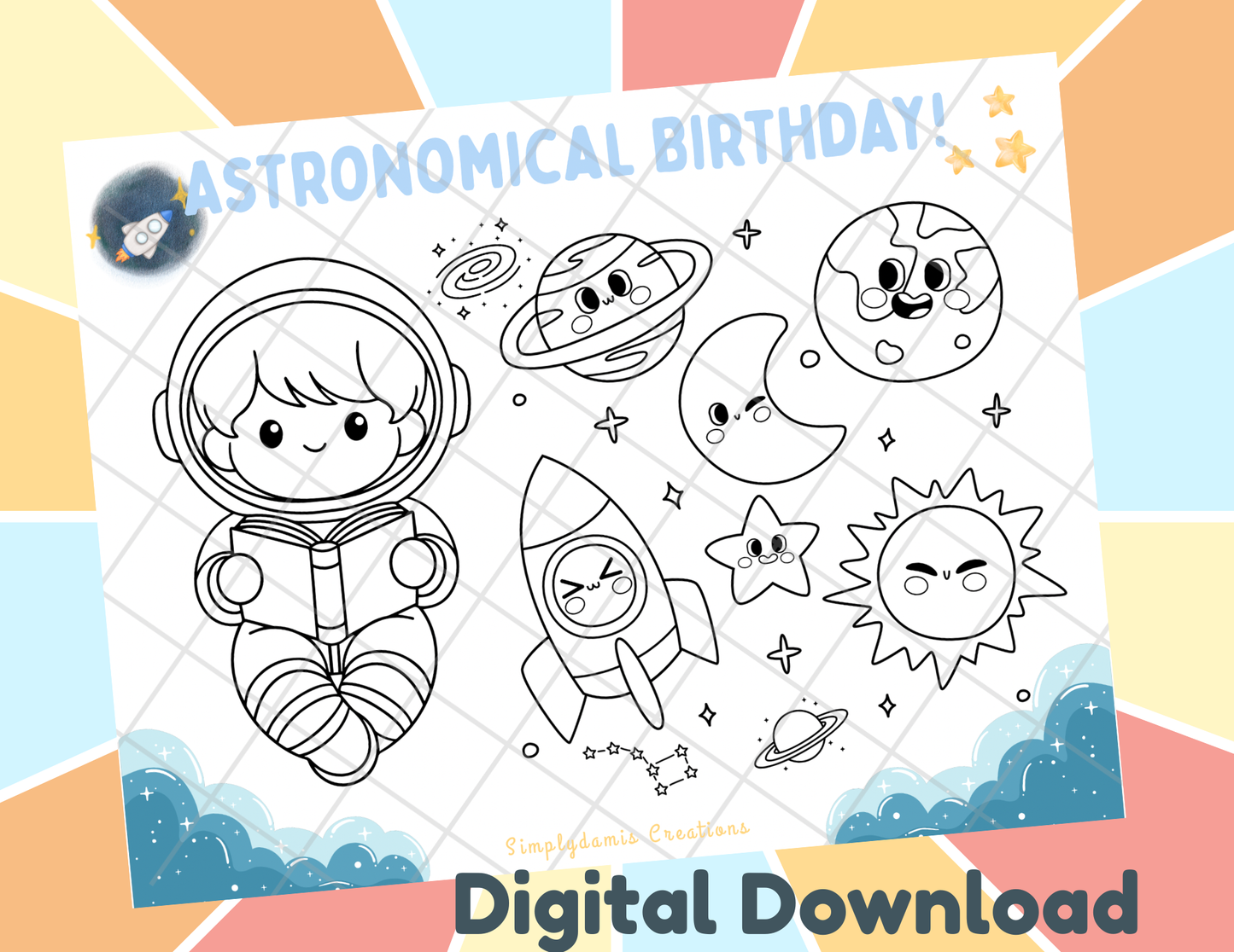 Digital file Space Birthday Coloring Placemat Digital Download, Coloring Page