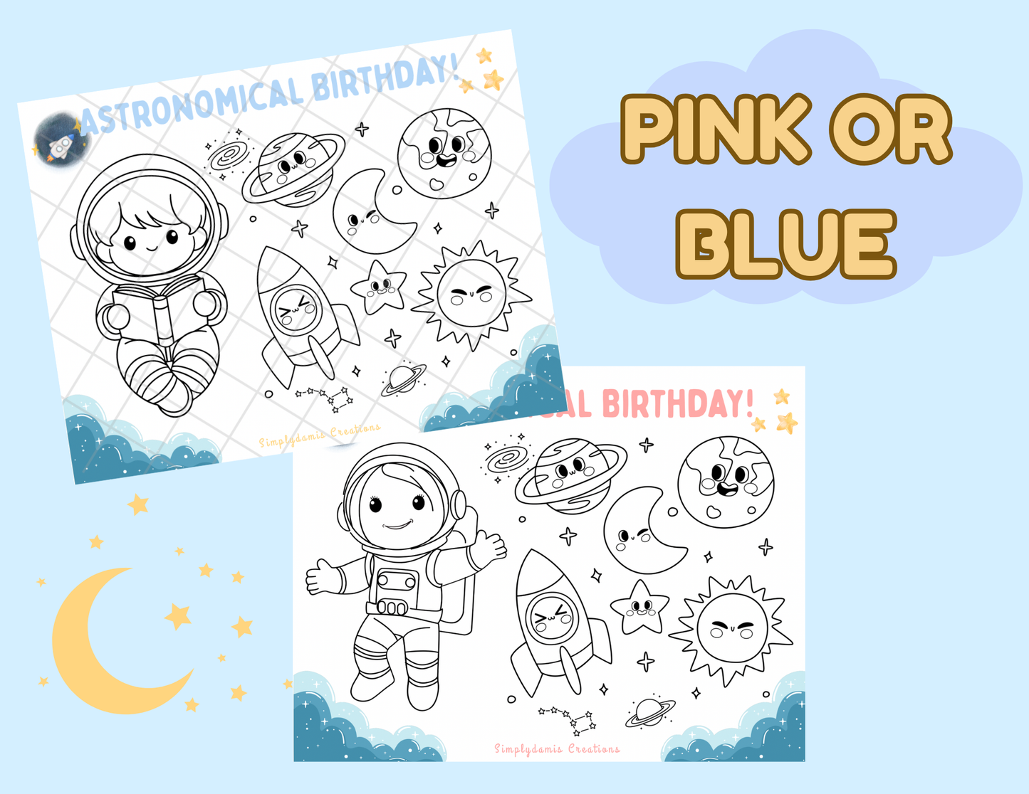 Digital file Space Birthday Coloring Placemat Digital Download, Coloring Page