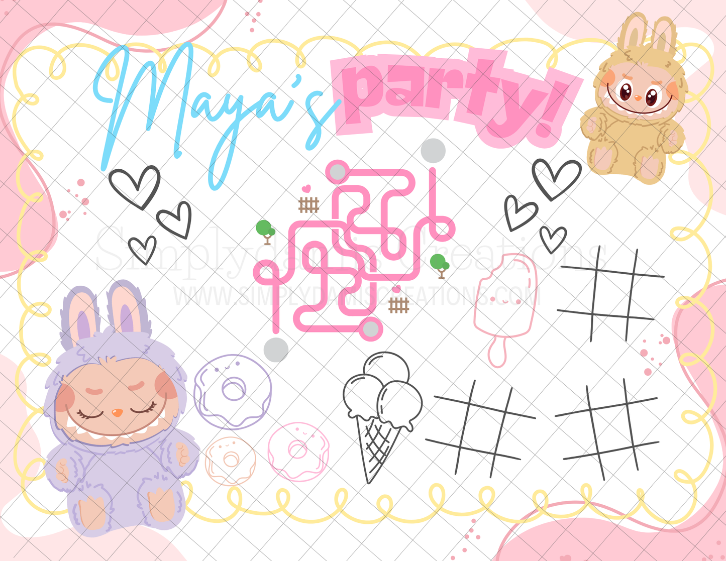 Digital file Personalized Labubu Birthday Coloring Placemat Digital Download, Coloring Page